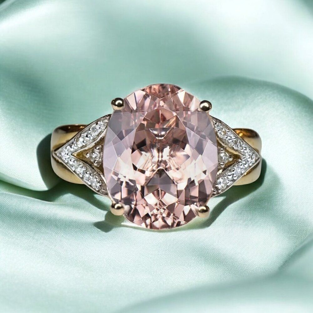14K Gold- Natural Morganite & Diamond Ring - 2.35CTTW -Size 7- Oval Cut - 3g